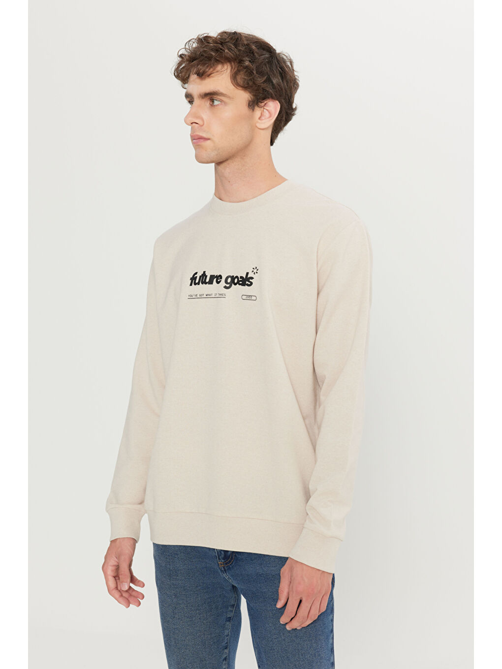 Erkek Bej 2 İplik Pamuklu Standart Fit Normal Kesim Bisiklet Yaka Sweatshirt-2