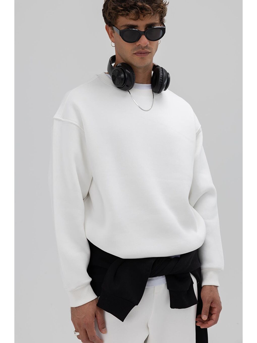 Basic Bisiklet Yaka Oversize Sweatshirt Ekru-5