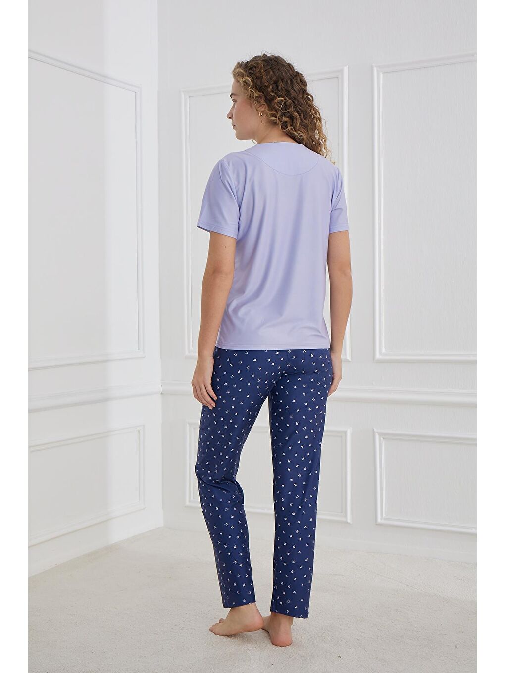 Lila Kadın Desenli Bisiklet Yaka Pijama Takım | Lavanta 30102-1291-2