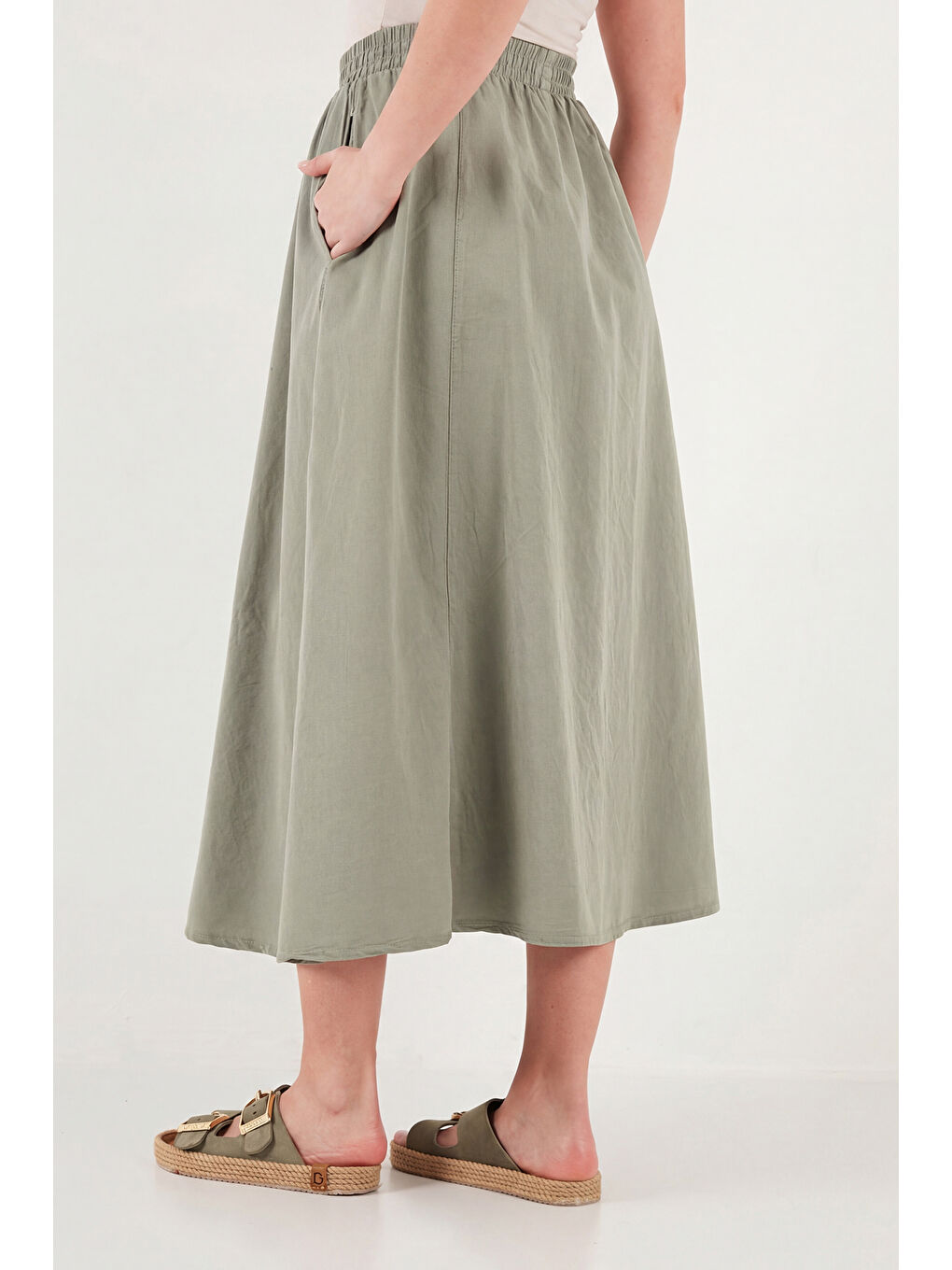 Haki Modest Pamuklu Relaxed Fit Lastikli Bel Tesettür Midi Etek 668YE4449-6