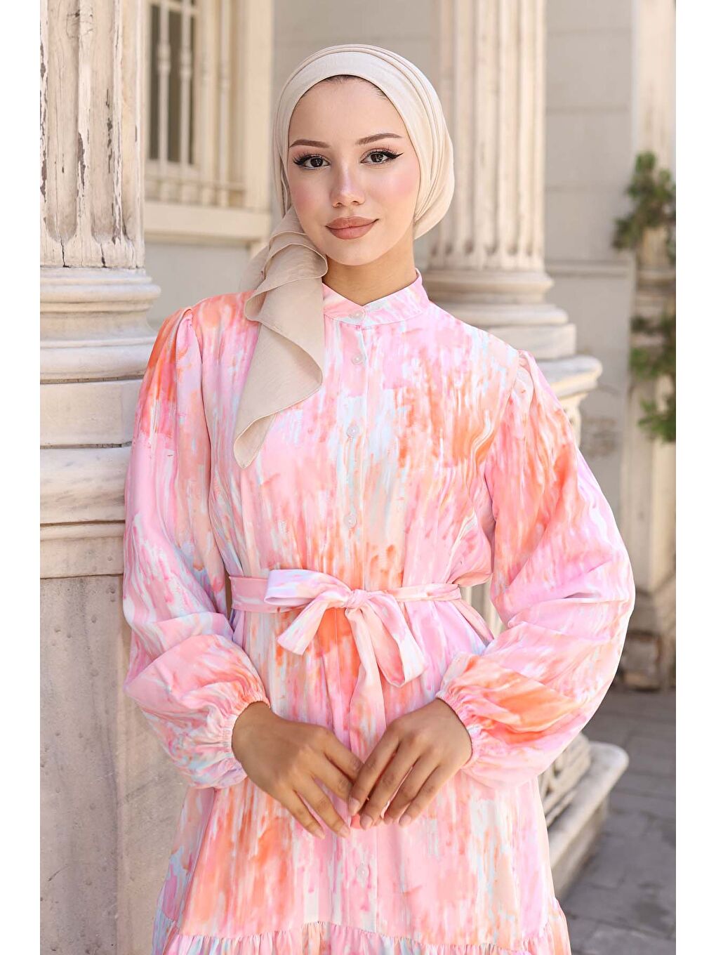 Kadın Desenli Uzun Tesettür Elbise 2586 - Pembe-1