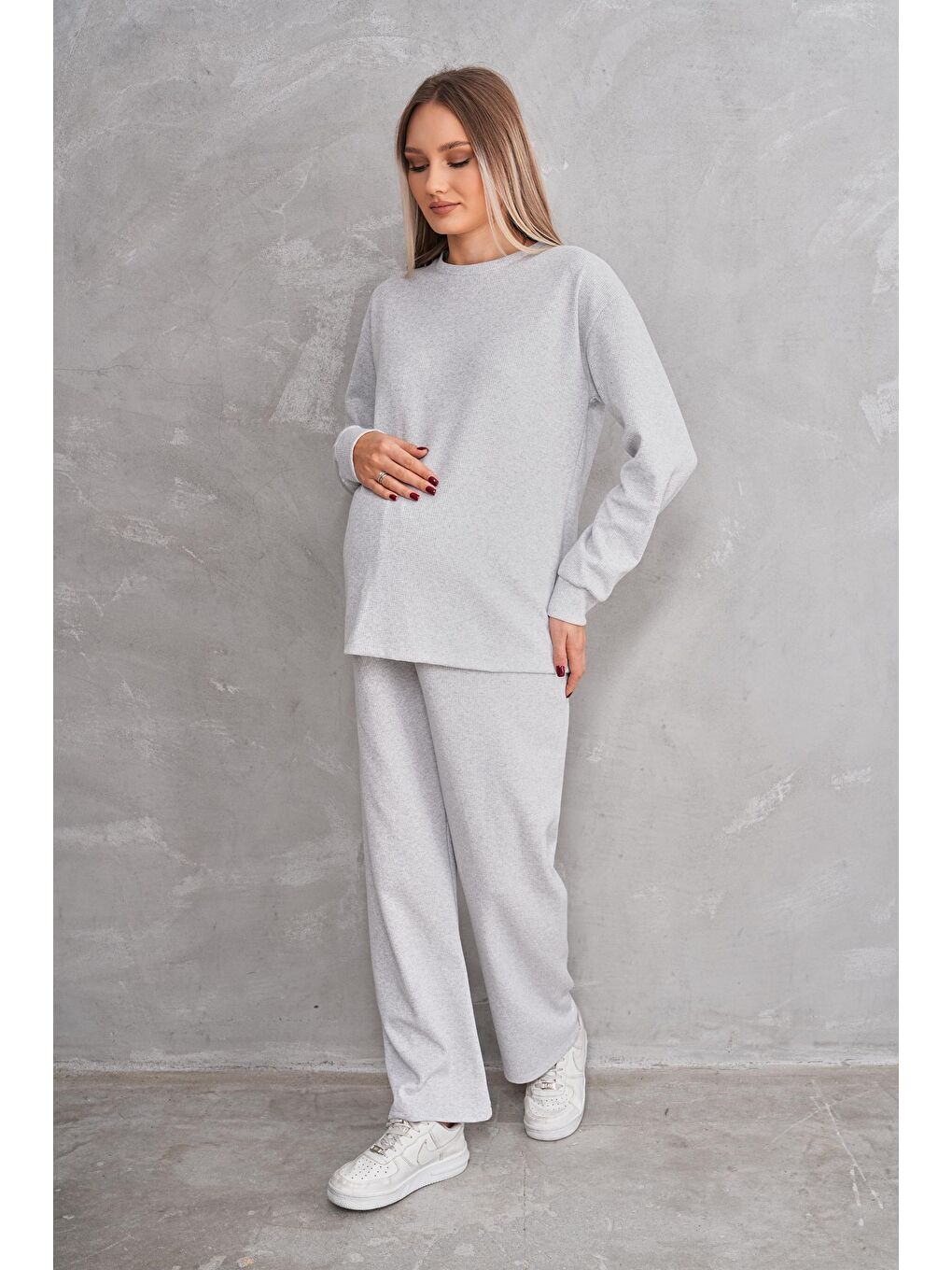Gri Hamile ve Lohusa Bisiklet Yaka Waffle Kumaş Alt Üst Eşofman Takımı