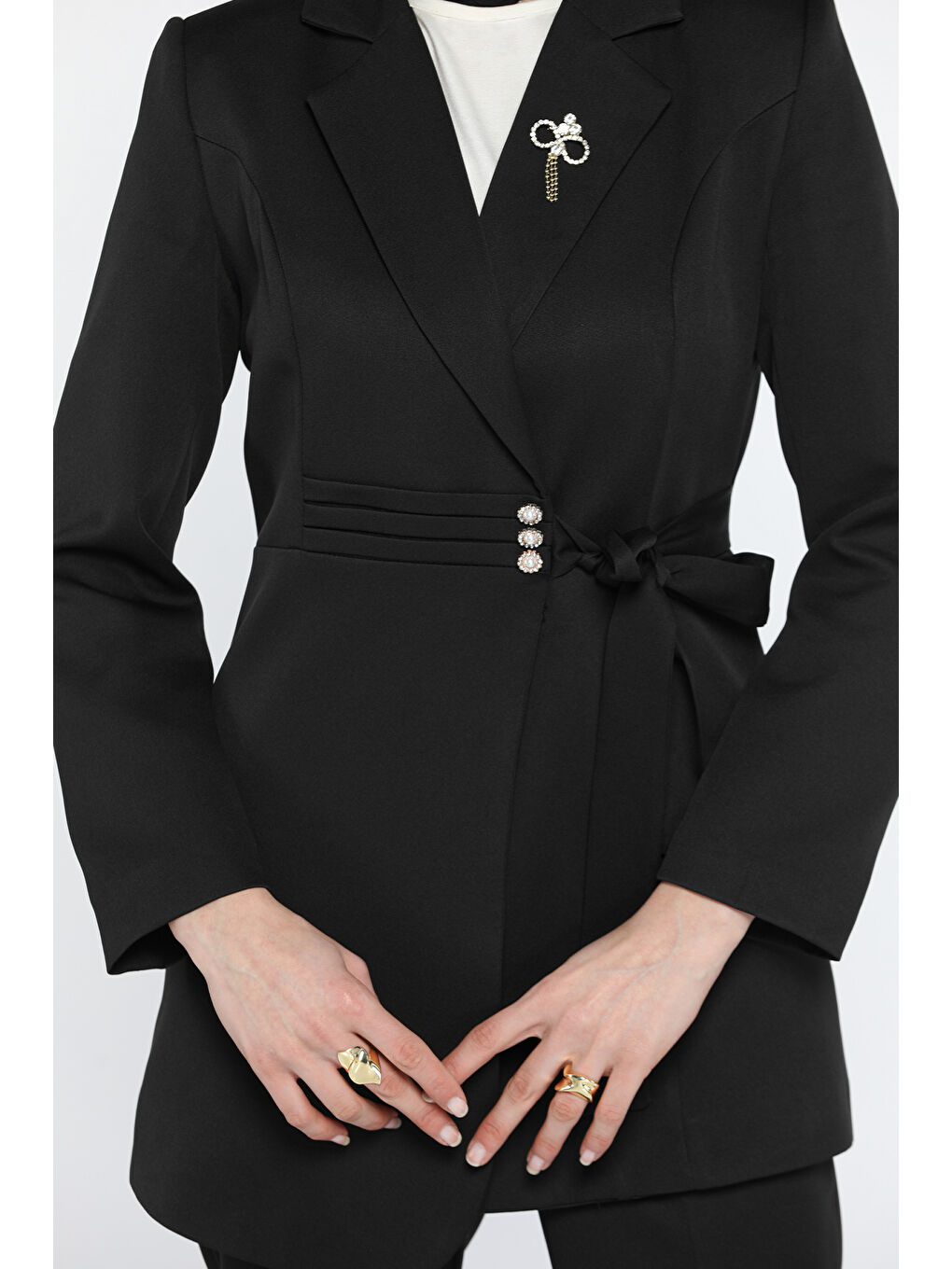Siyah Kadın Bel Kuşak Detaylı Broşlu Tesettür Blazer Ceket Pantolon İkili Takım-6