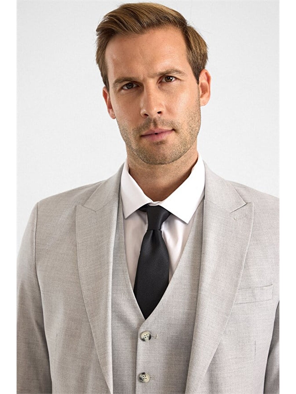 Gri Slim Sivri Yaka Düz Bezayağı Cepsiz 4 Drop Yelekli Takım Elbise-9