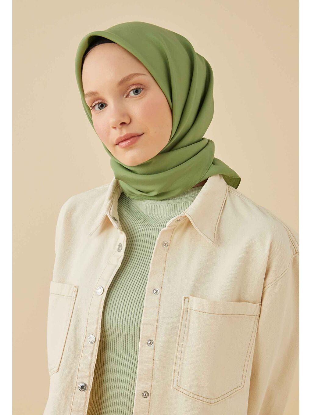 Pamuk İpek Eşarp Haki-3