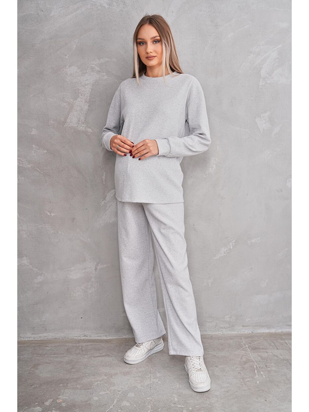 Gri Hamile ve Lohusa Bisiklet Yaka Waffle Kumaş Alt Üst Eşofman Takımı-2