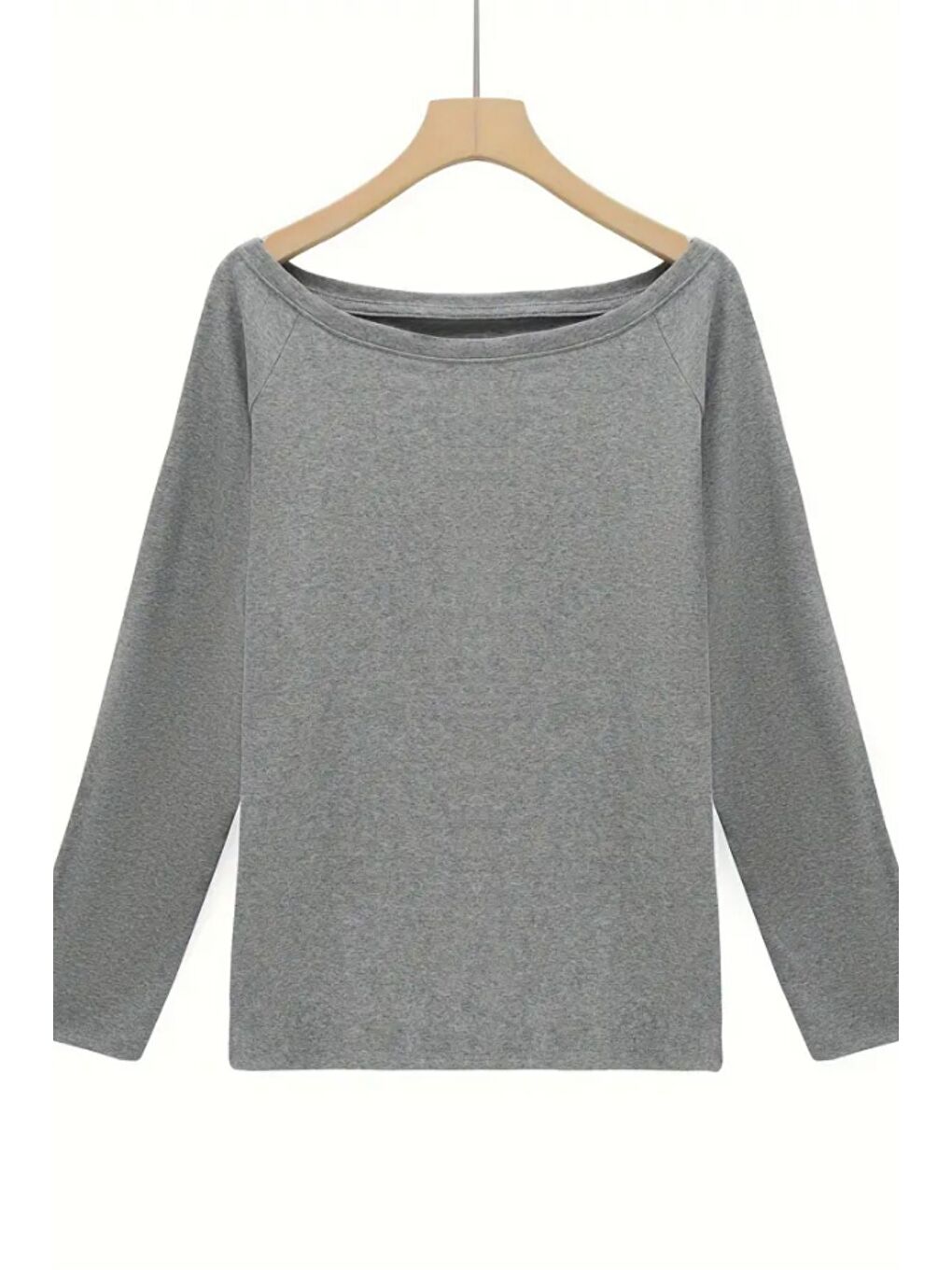 Gri Kadın Düşük Omuz Kayık Yaka Oversize Uzun Kollu T-Shirt-6