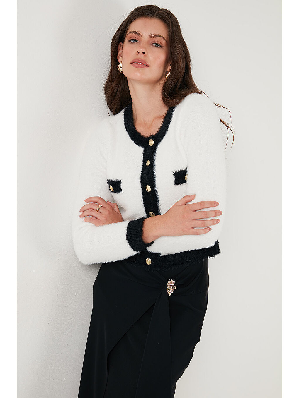 Lila Premium Fitted Fit Bisiklet Yaka Düğmeli Tüylü Triko Hırka 680HI00549-5