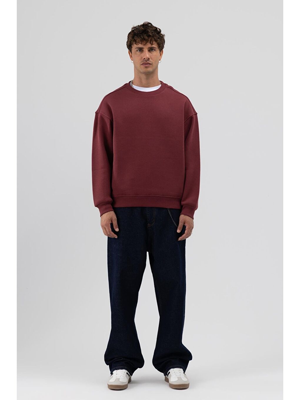 Basic Bisiklet Yaka Oversize Sweatshirt Bordo-1