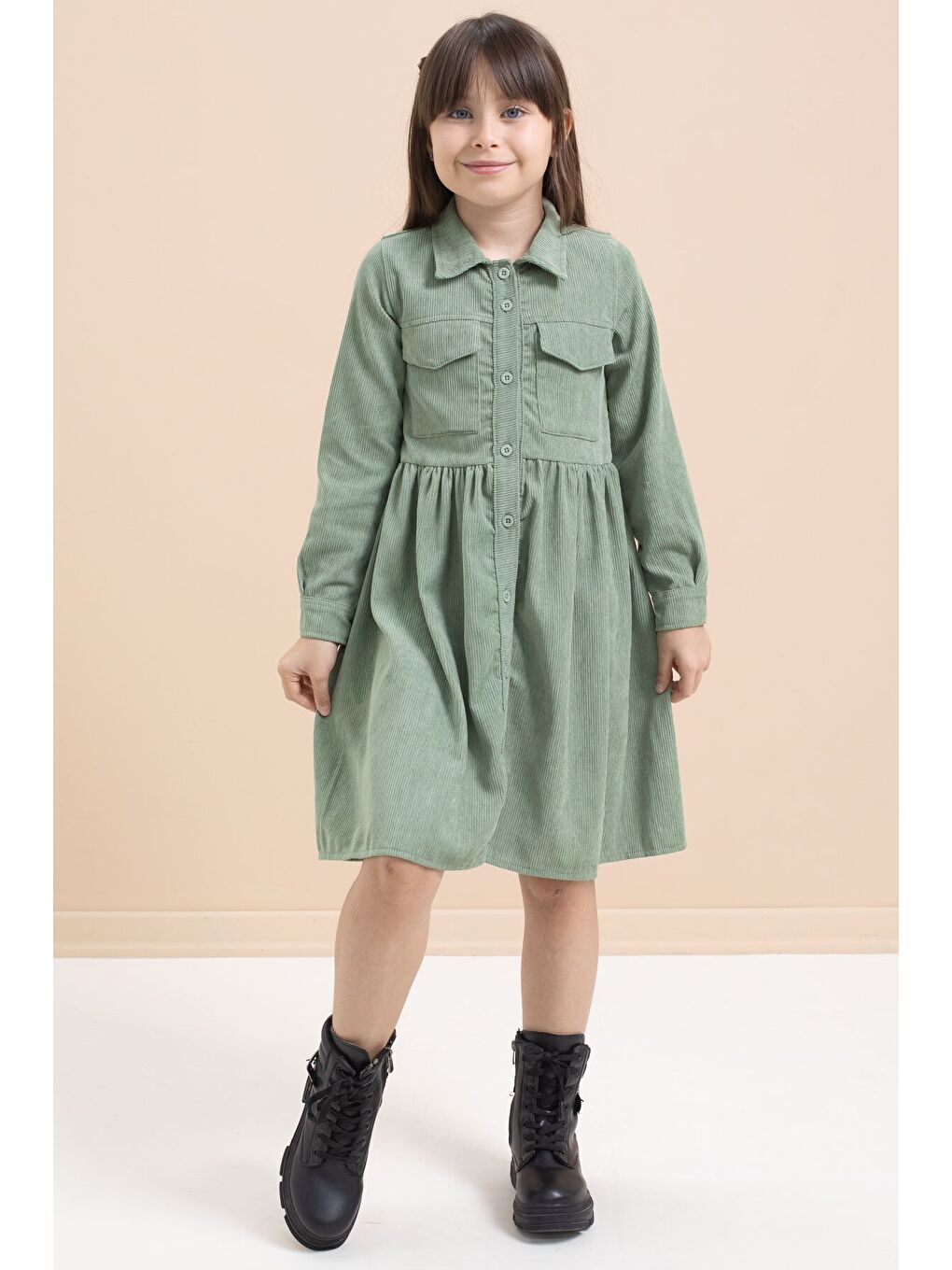 Yeşil Kız Çocuk Cep Detaylı Kadife Desenli Elbise 21547-4