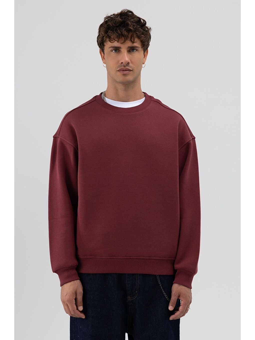 Basic Bisiklet Yaka Oversize Sweatshirt Bordo-2