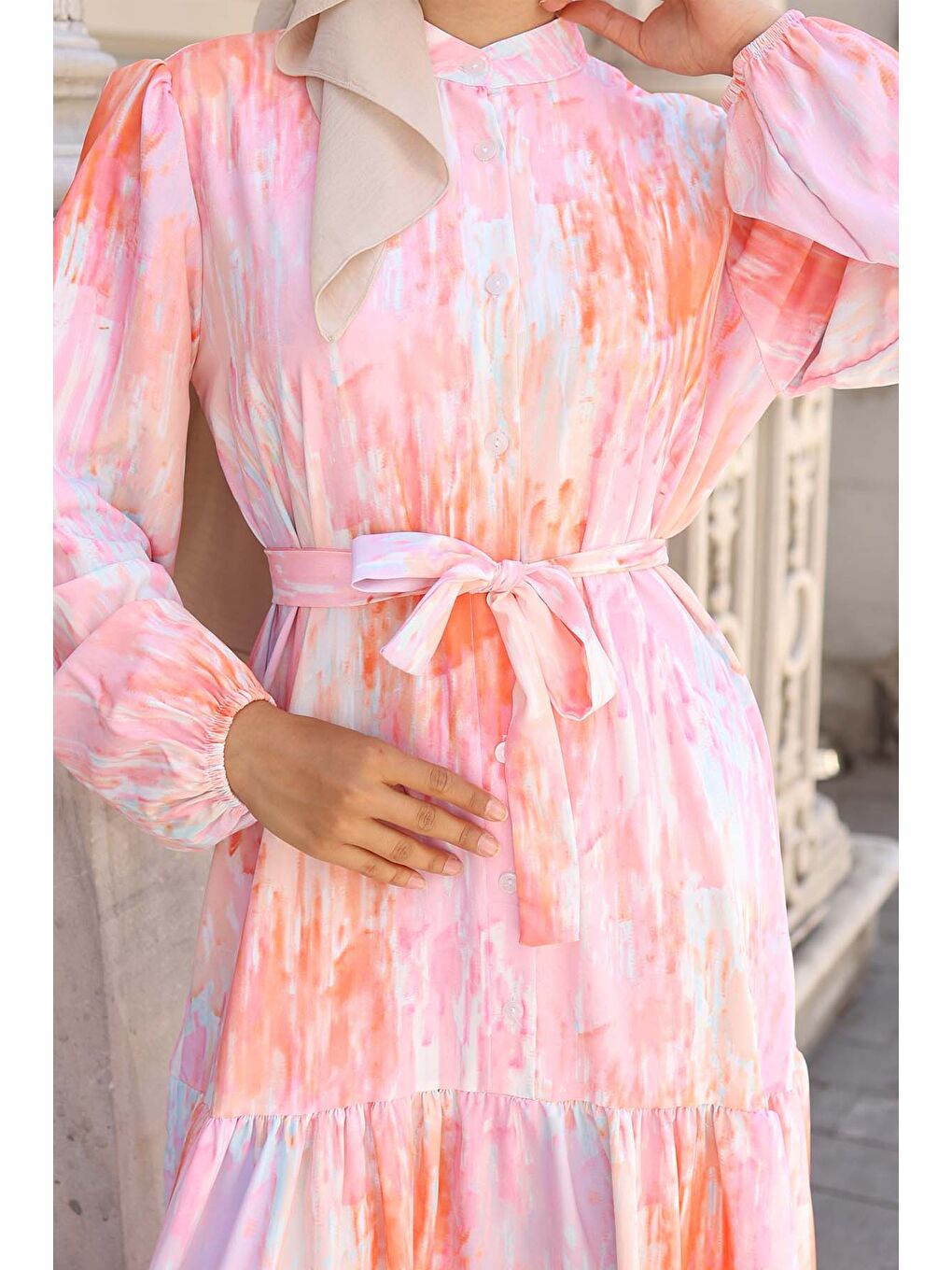 Kadın Desenli Uzun Tesettür Elbise 2586 - Pembe-2