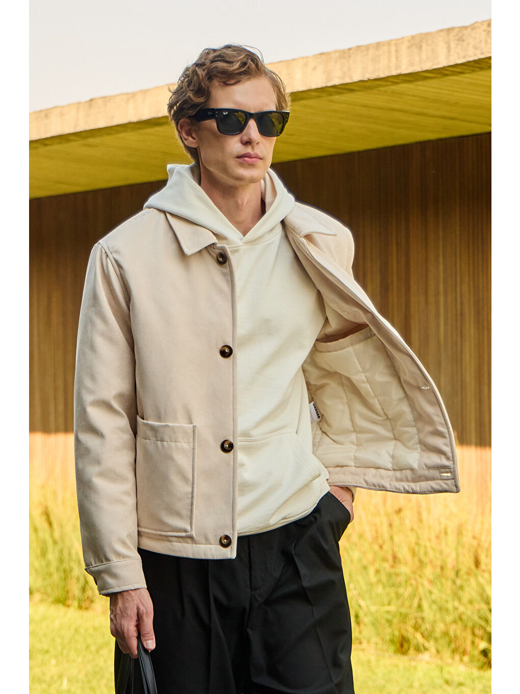 Bej Erkek Süet Kapitoneli Mont Ceket Taş-4