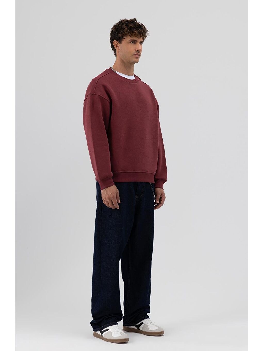 Basic Bisiklet Yaka Oversize Sweatshirt Bordo-3