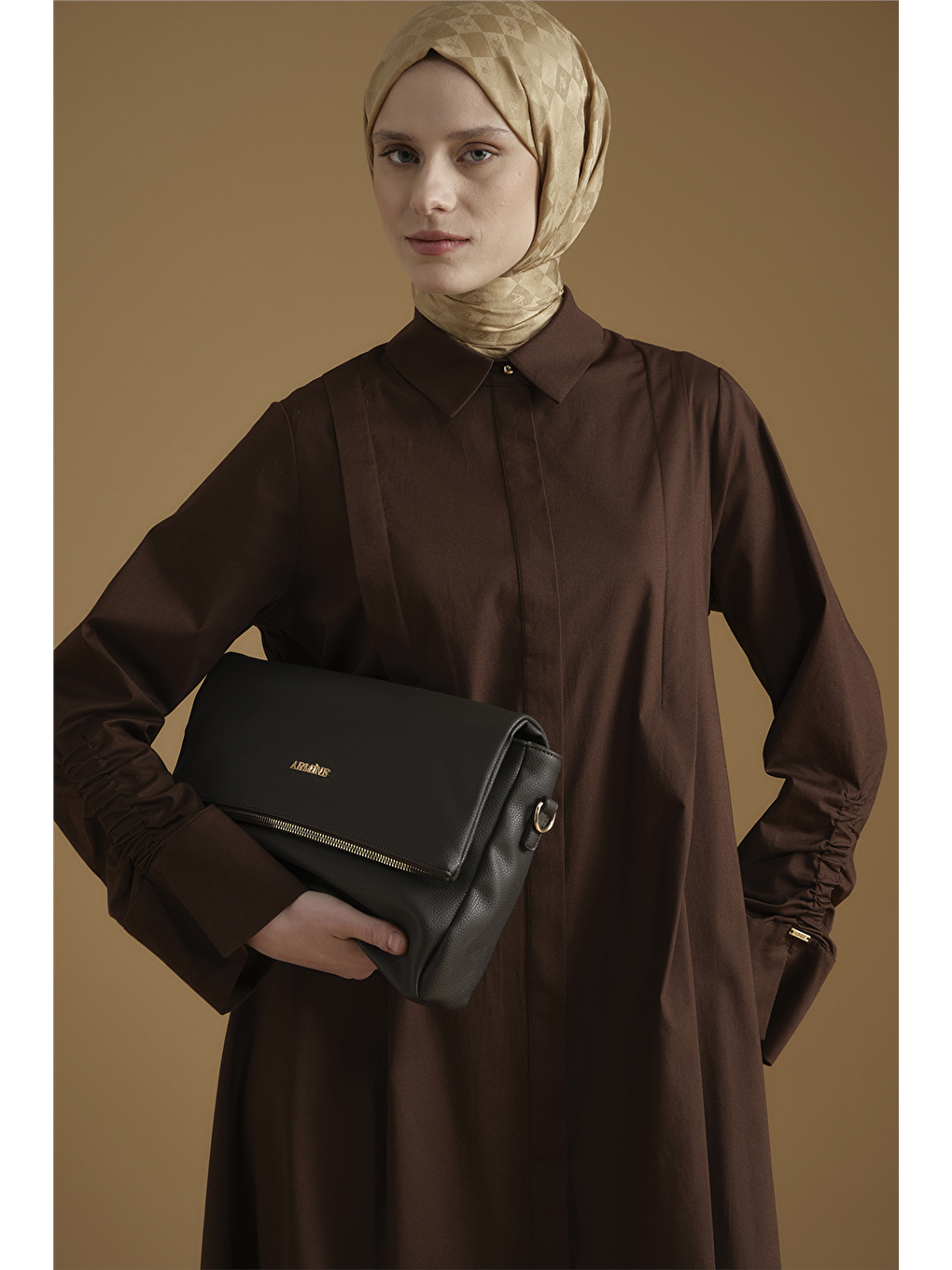 Oversize Tunik Elbise Kahverengi-4