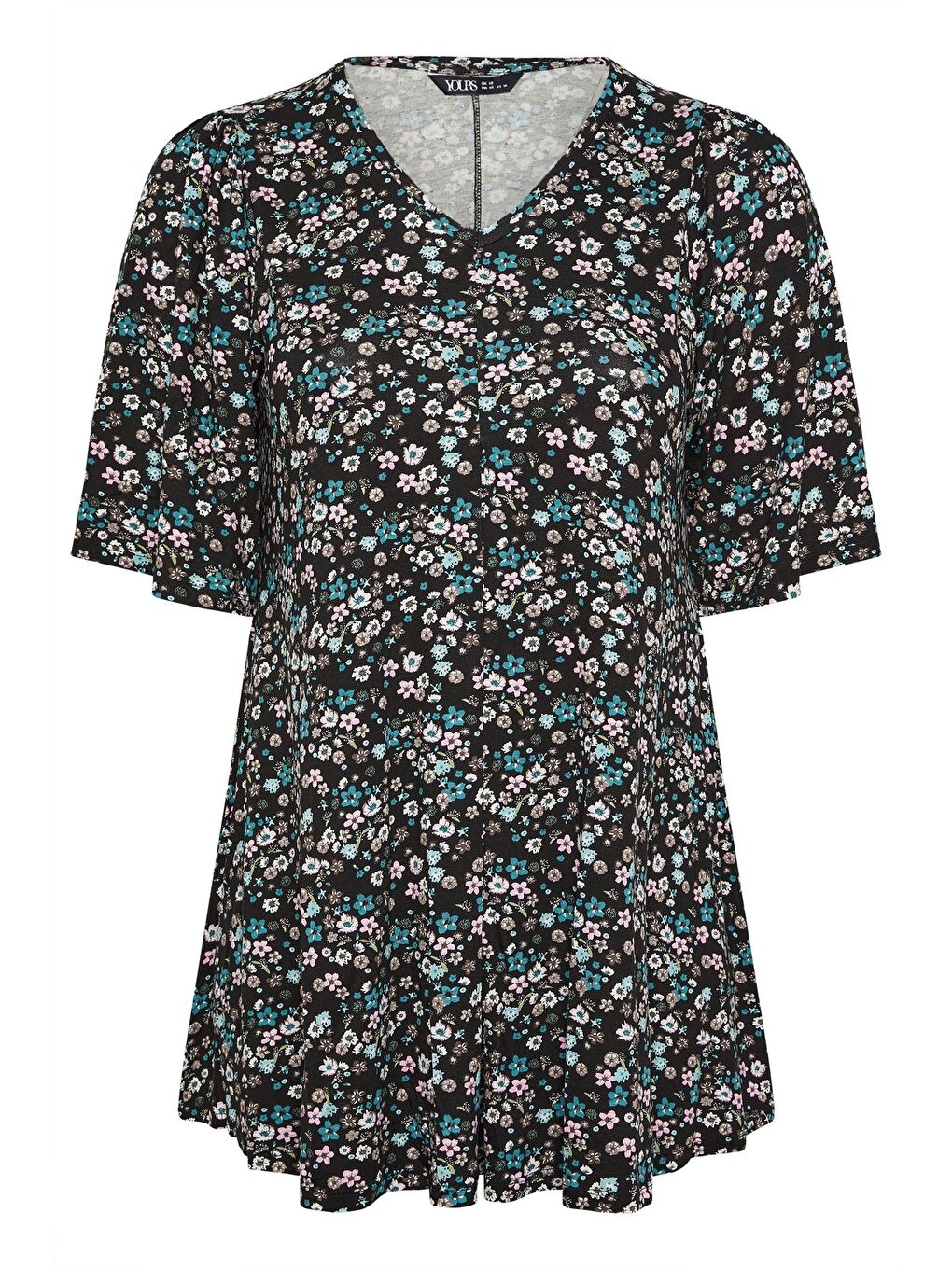 Siyah Büyük Beden V Yaka Sıfır Kol Çiçek Desenli Asimetrik Kesim T-shirt 304084-5
