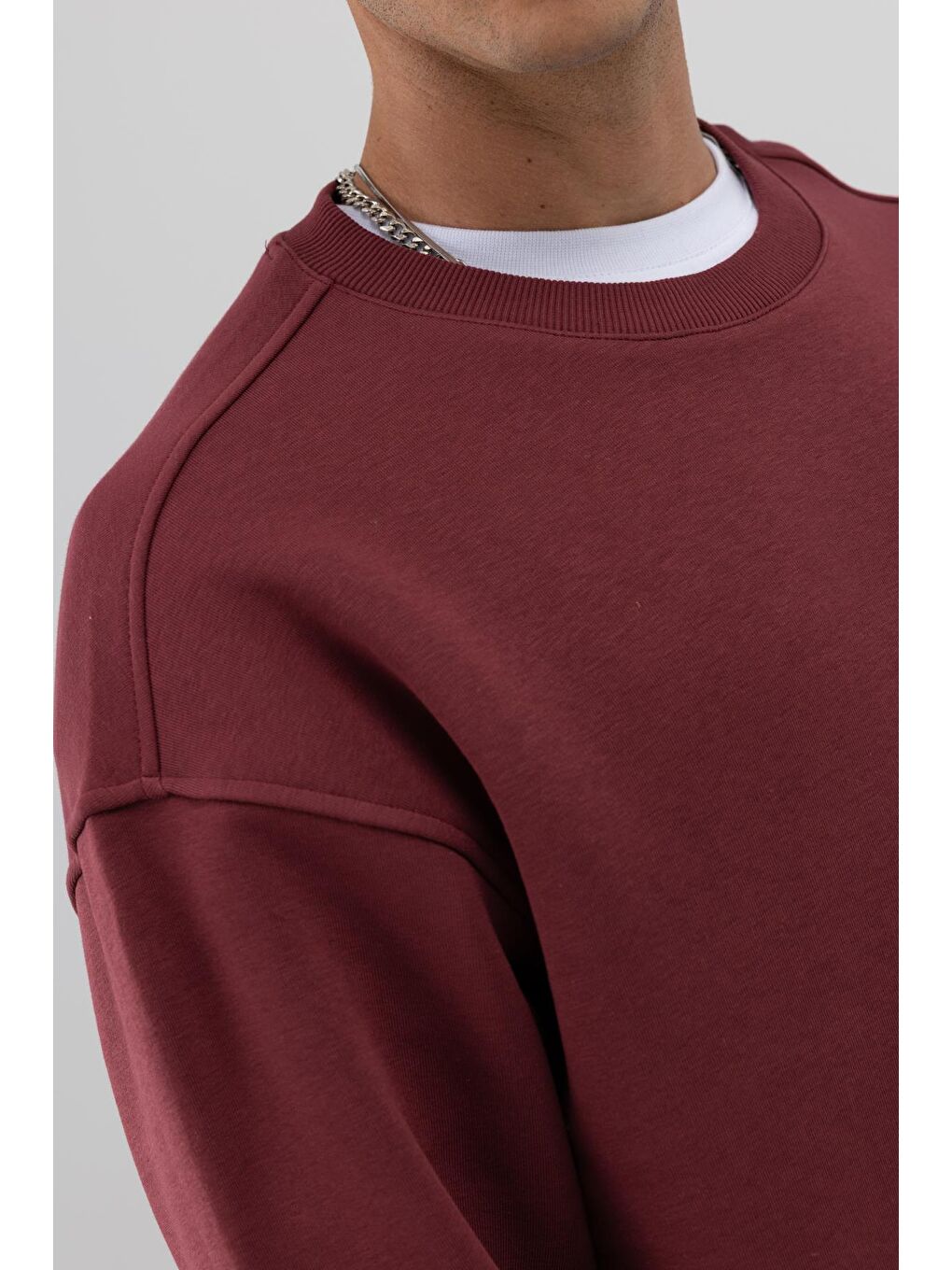 Basic Bisiklet Yaka Oversize Sweatshirt Bordo-4