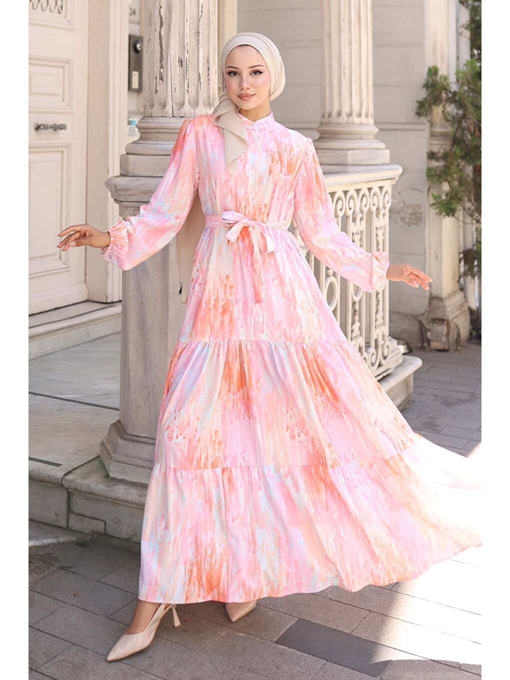 Kadın Desenli Uzun Tesettür Elbise 2586 - Pembe-3