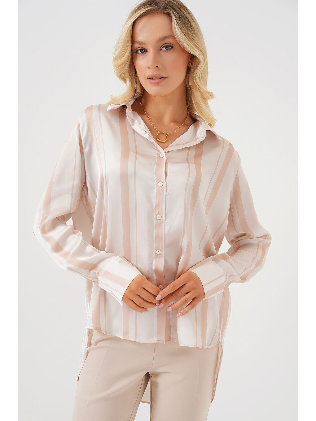Kadın Çizgili Uzun Saten Gömlek 20291 - Bej-2