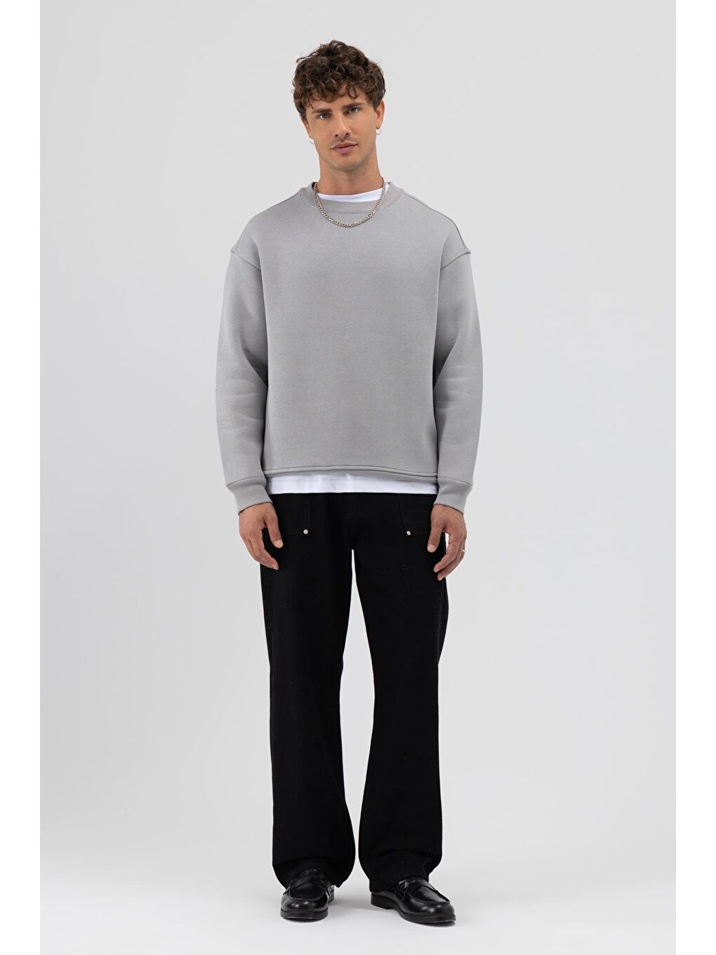Basic Bisiklet Yaka Oversize Sweatshirt Gri