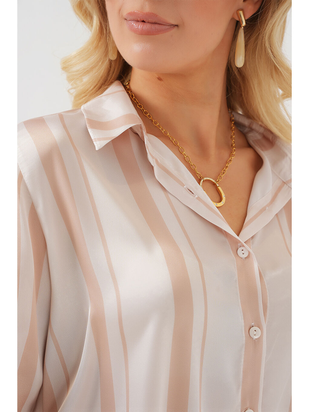 Kadın Çizgili Uzun Saten Gömlek 20291 - Bej-4