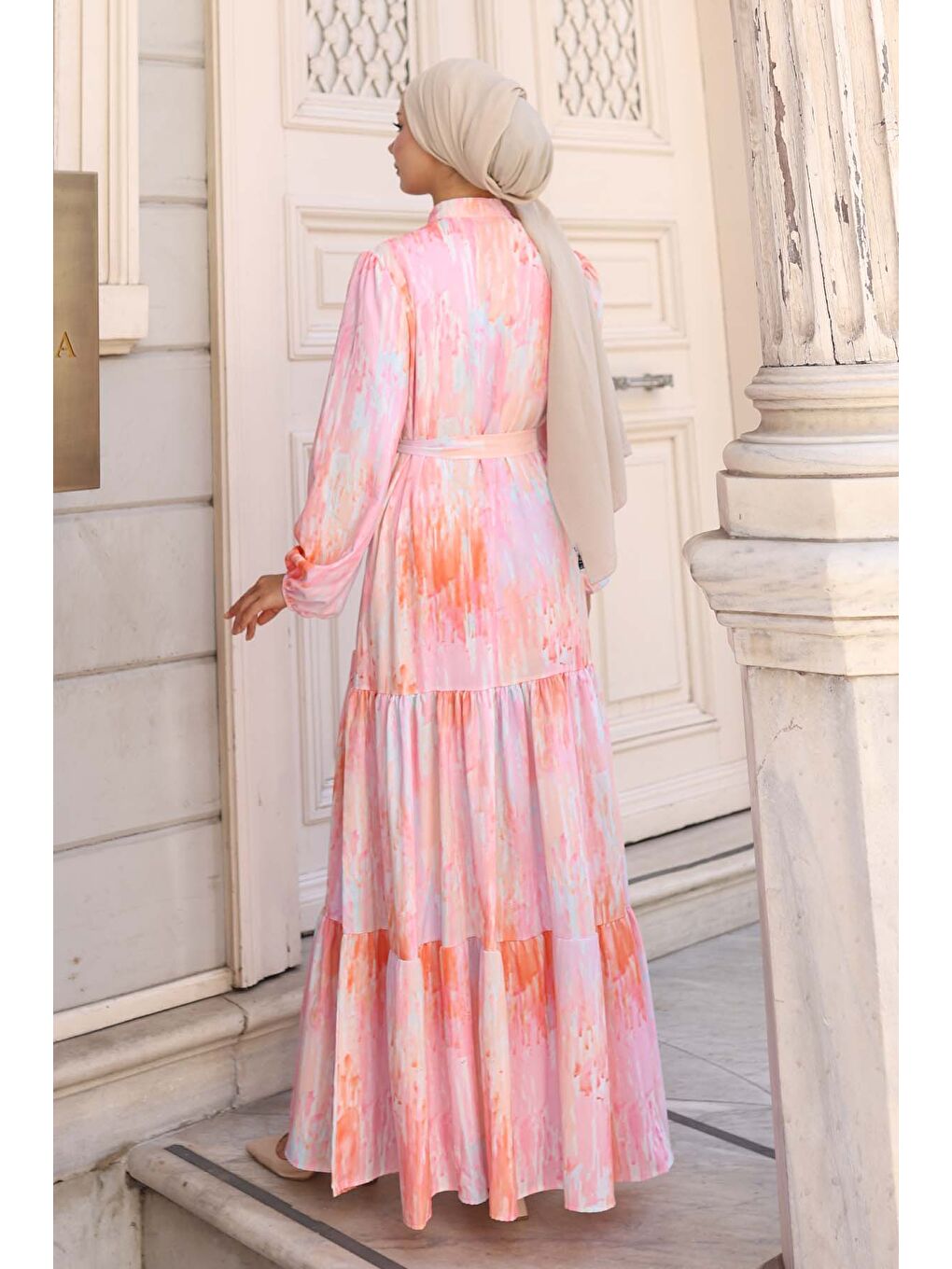 Kadın Desenli Uzun Tesettür Elbise 2586 - Pembe-4