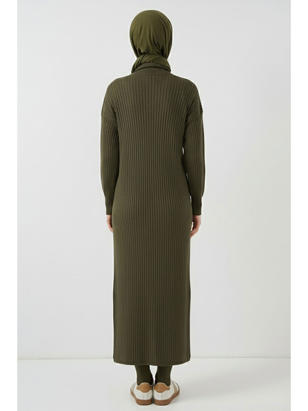 15900 Boydan Tesettür Triko Elbise - Haki-4