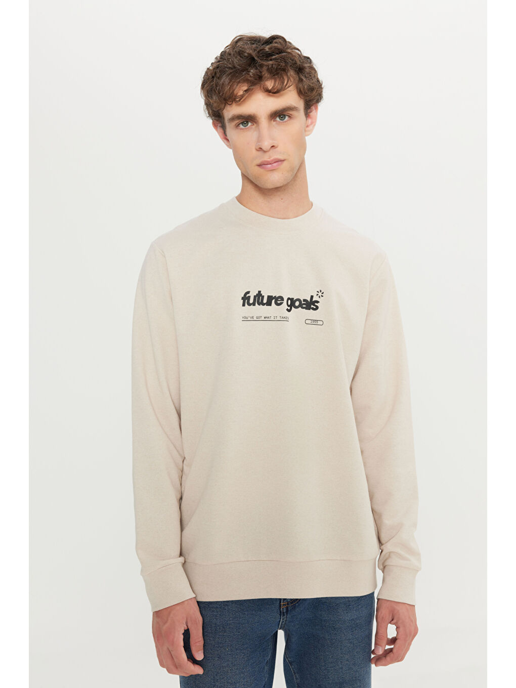 Erkek Bej 2 İplik Pamuklu Standart Fit Normal Kesim Bisiklet Yaka Sweatshirt-3