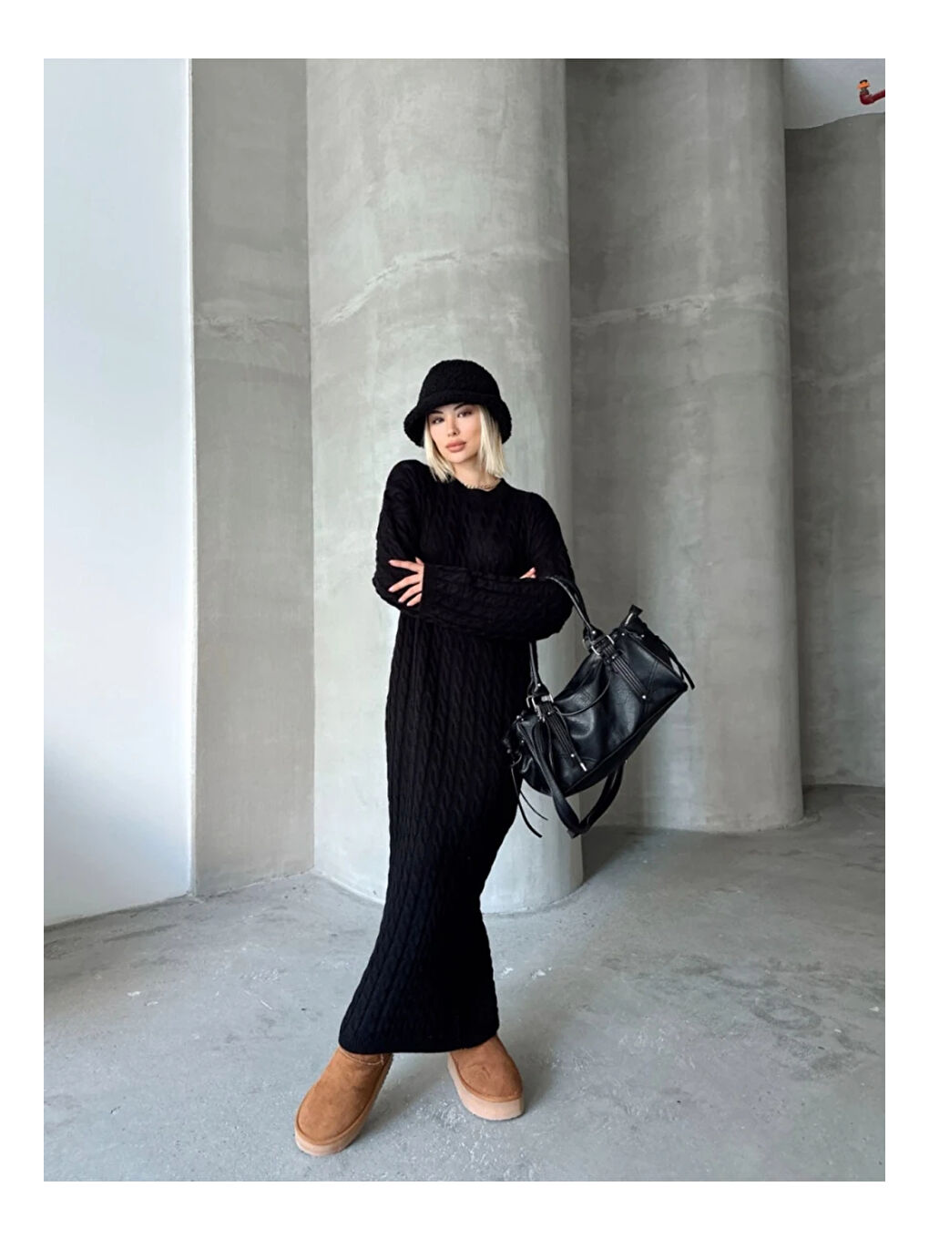 Kadın Siyah Bisiklet Yaka Saç Örgülü Kadın Triko Midi Elbise-2