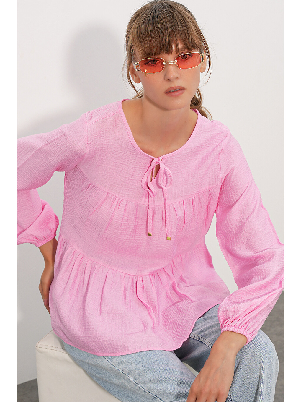 Kadın Uzun Kol Dokulu Bluz 998 - Pembe-2