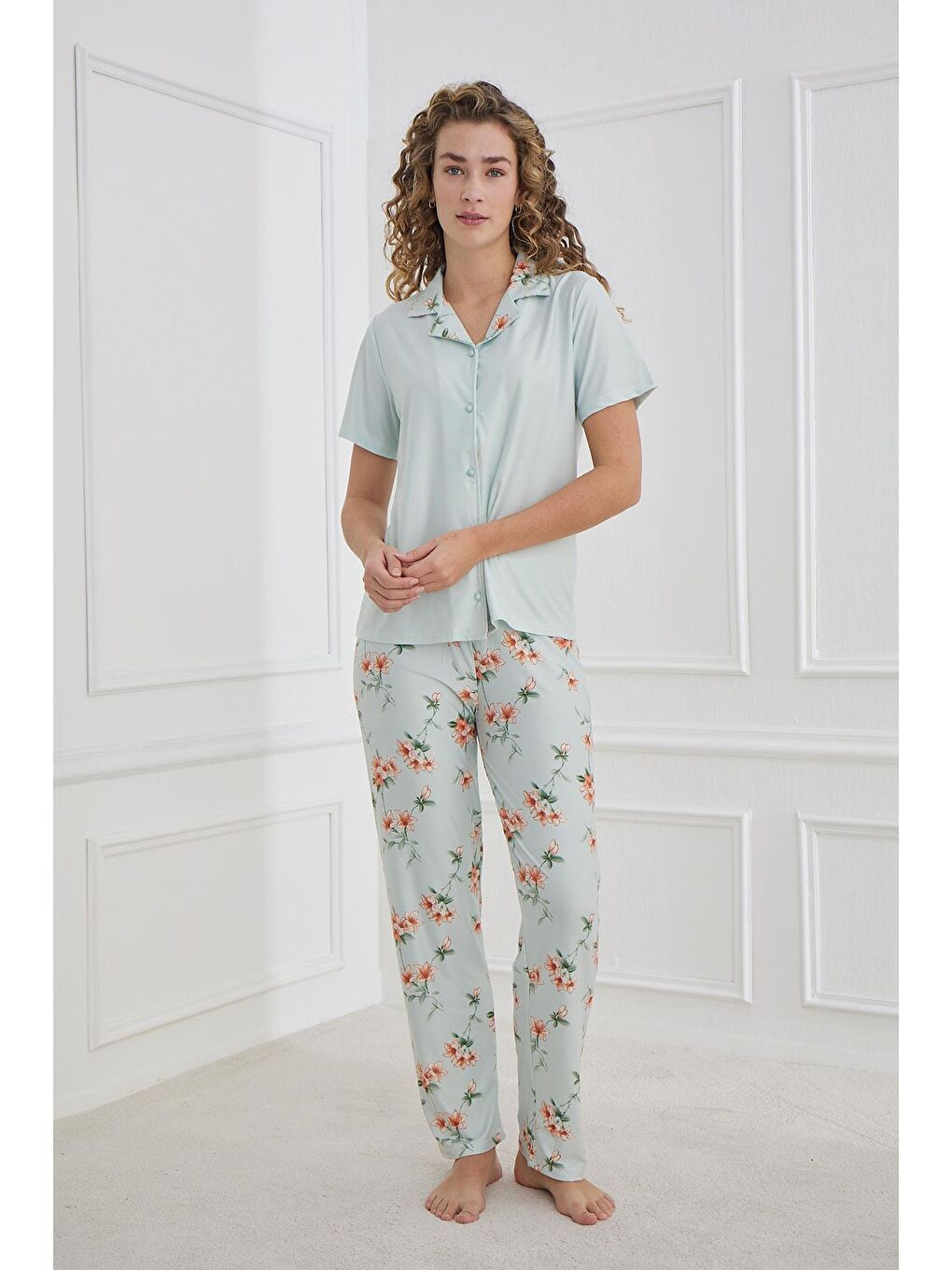 Yeşil Kadın Marla Desenli Polo Yaka Önden Düğmeli Pijama Takım | Mint 30101-948