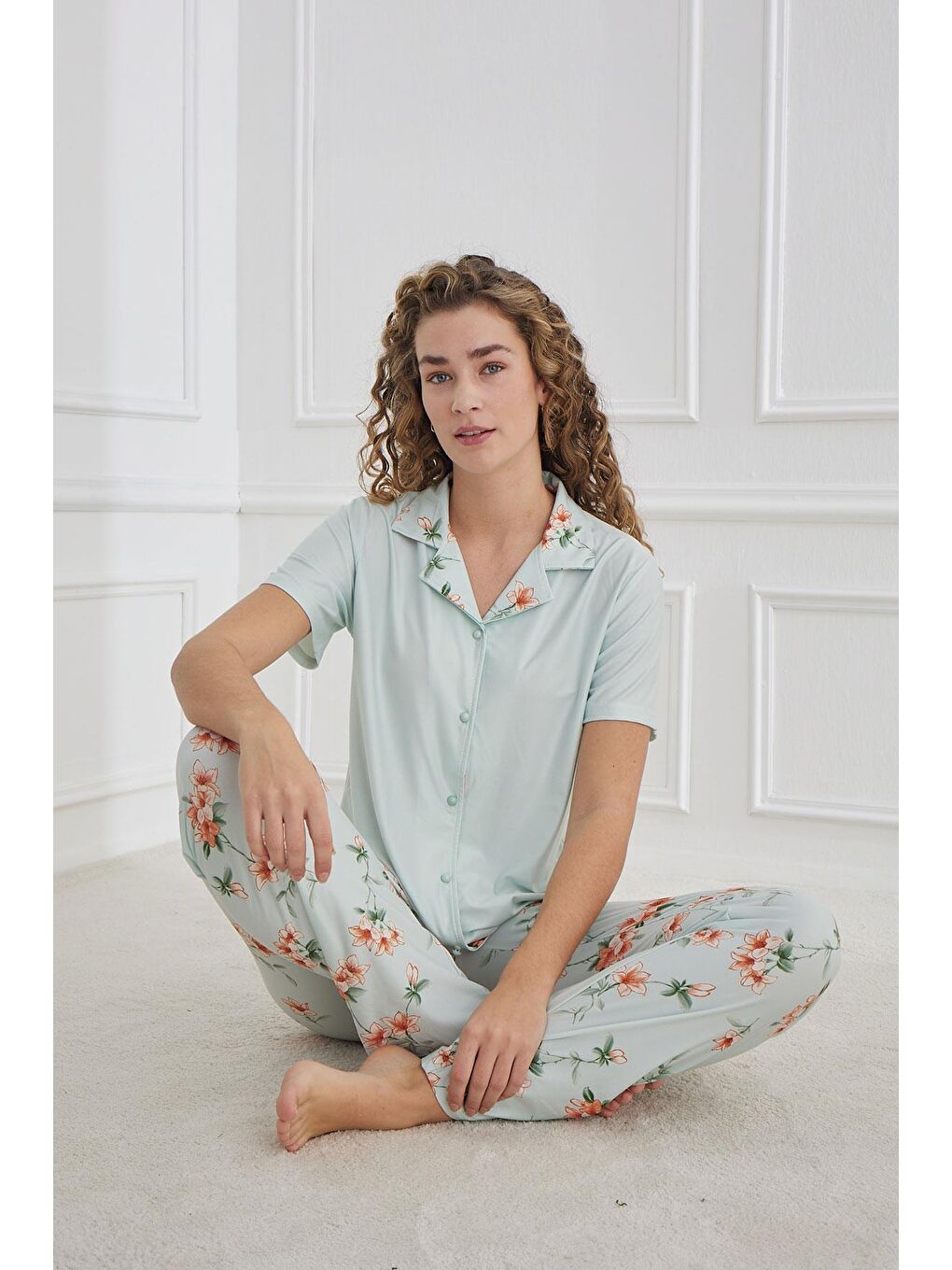 Yeşil Kadın Marla Desenli Polo Yaka Önden Düğmeli Pijama Takım | Mint 30101-948-1