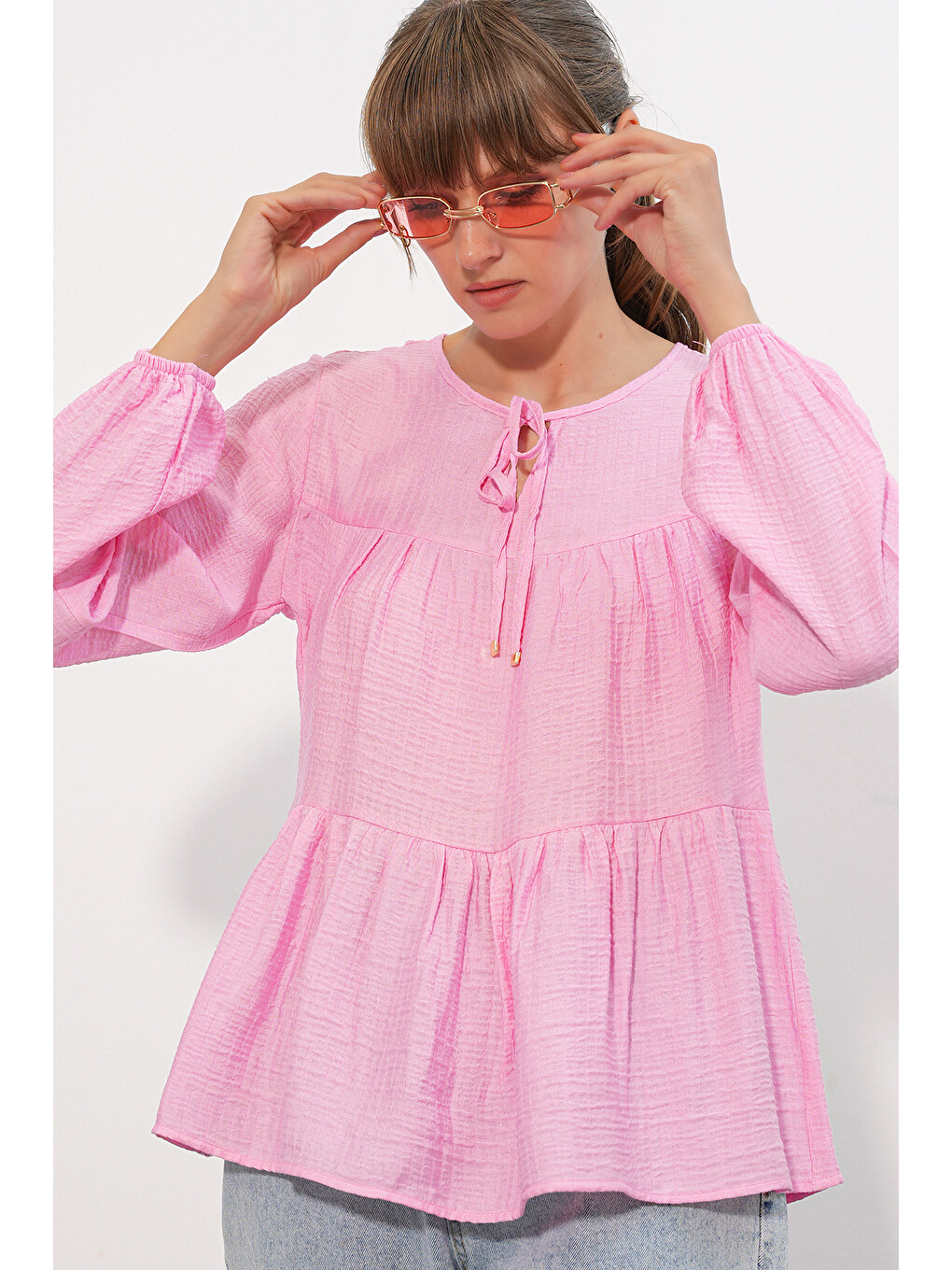 Kadın Uzun Kol Dokulu Bluz 998 - Pembe-3