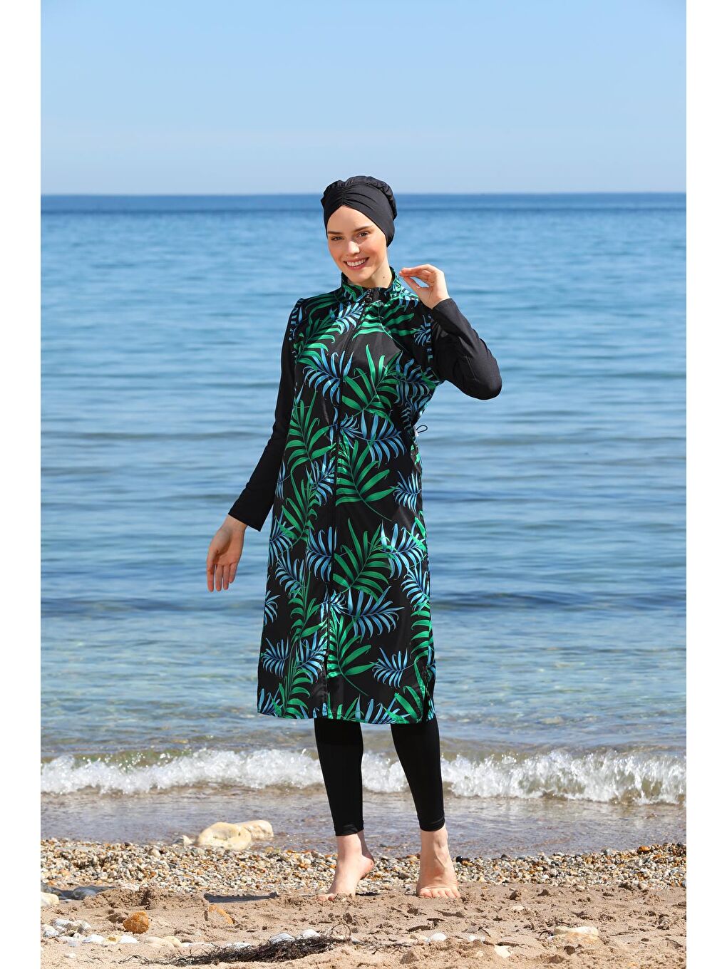 Siyah Dijital Baskılı Uzun Jile Model Kapalı Tesettür Mayo 3478-1