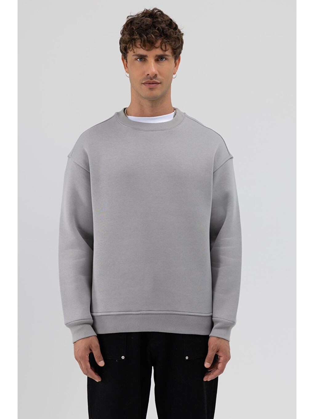 Basic Bisiklet Yaka Oversize Sweatshirt Gri-2
