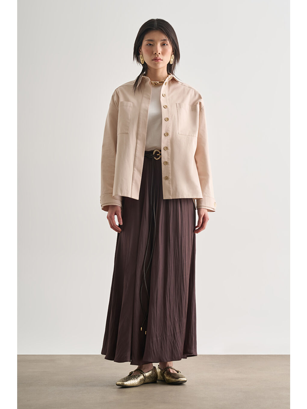 Premium Saf Pamuk Oversize Bej Rengi Ceket Gömlek