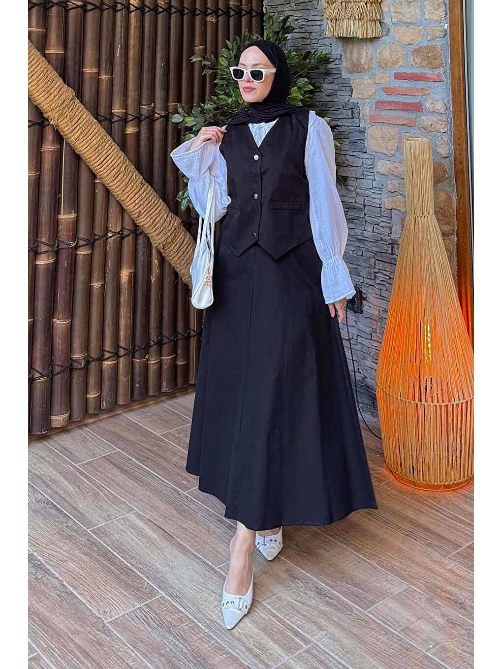 Gabardin Yelek-Etek İkili Tesettür Takım Siyah