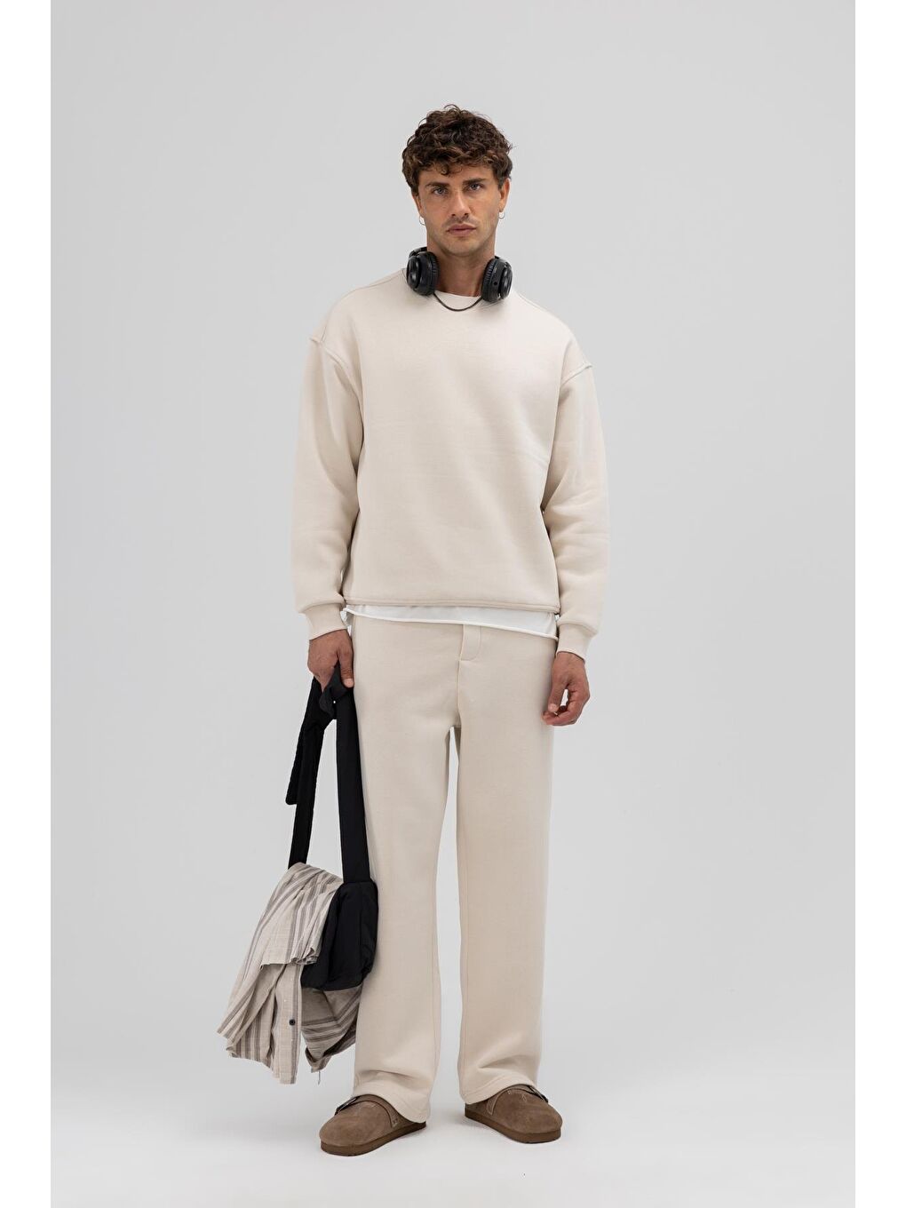 Bej Basic Bisiklet Yaka Oversize Sweatshirt Taş