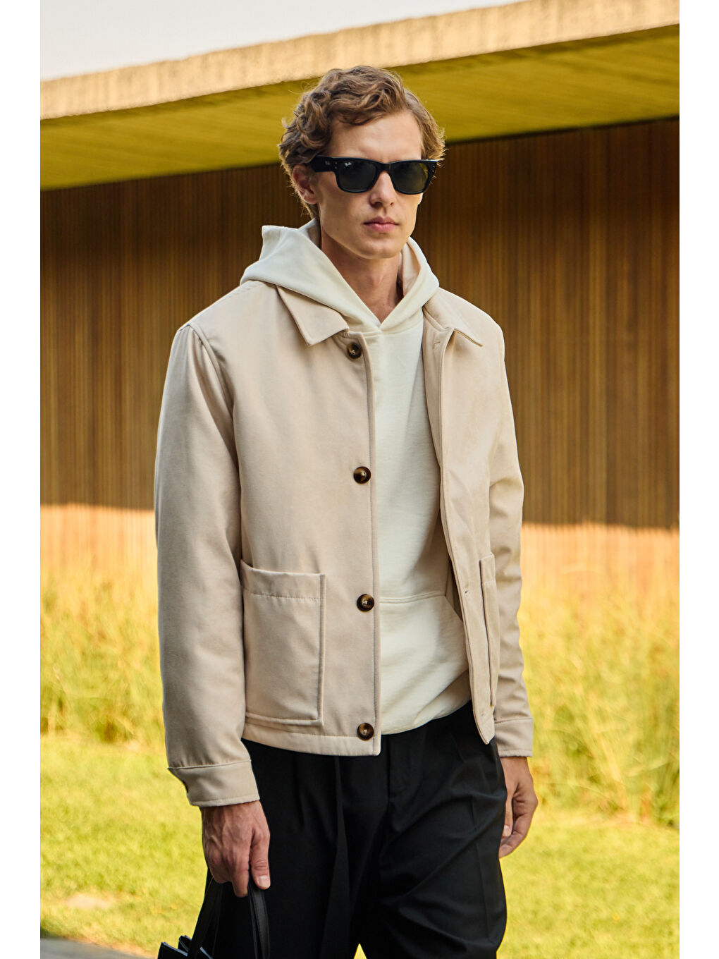 Bej Erkek Süet Kapitoneli Mont Ceket Taş-5