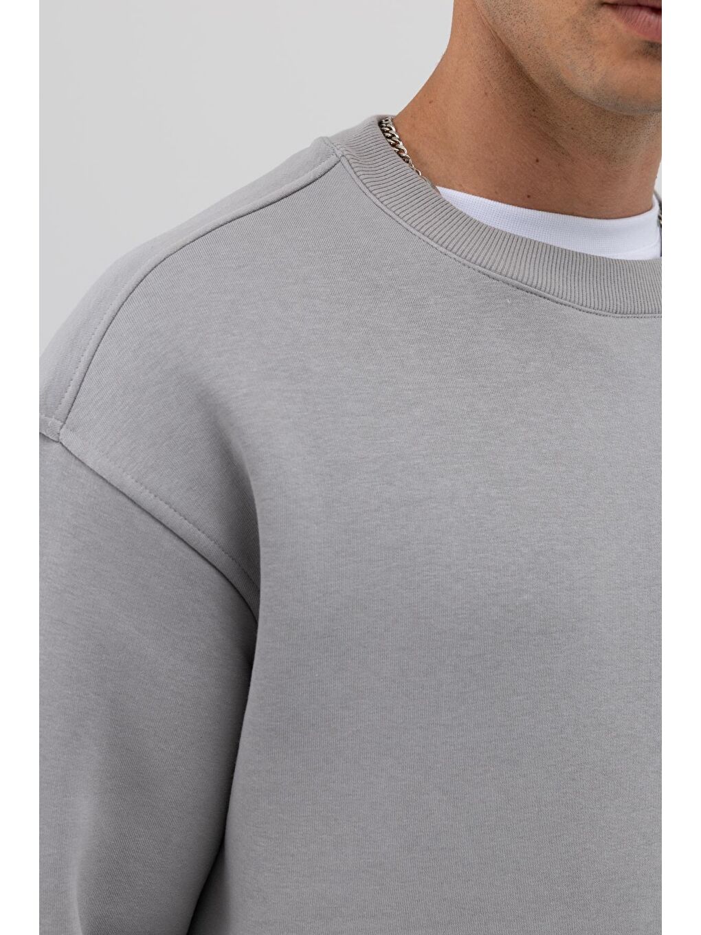 Basic Bisiklet Yaka Oversize Sweatshirt Gri-3