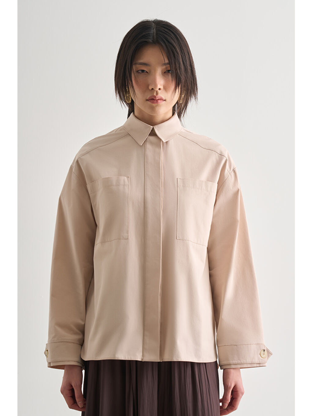 Premium Saf Pamuk Oversize Bej Rengi Ceket Gömlek-3