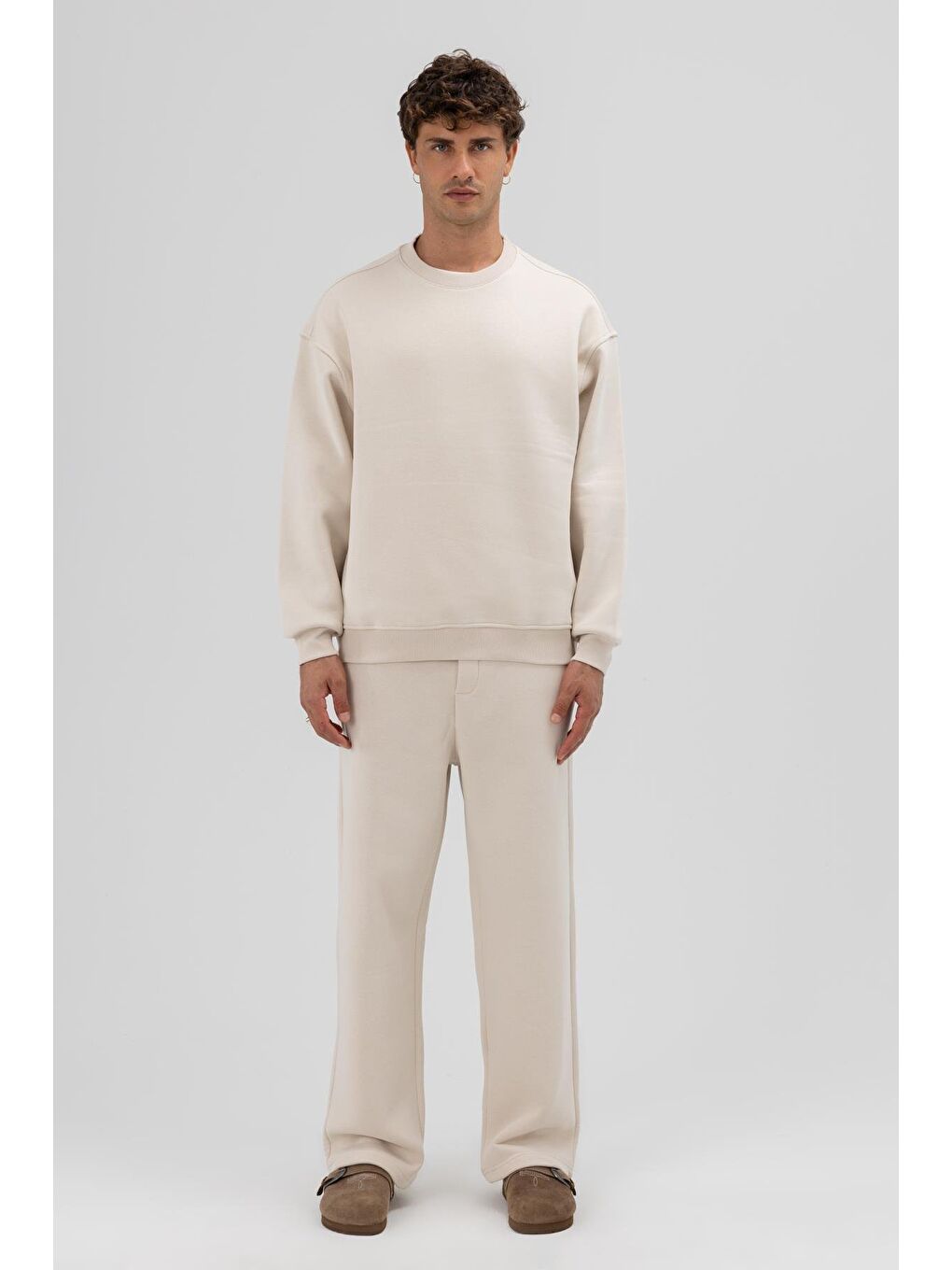 Bej Basic Bisiklet Yaka Oversize Sweatshirt Taş-1