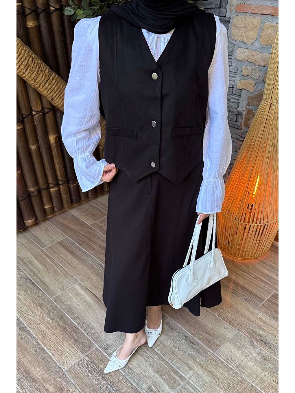 Gabardin Yelek-Etek İkili Tesettür Takım Siyah-2