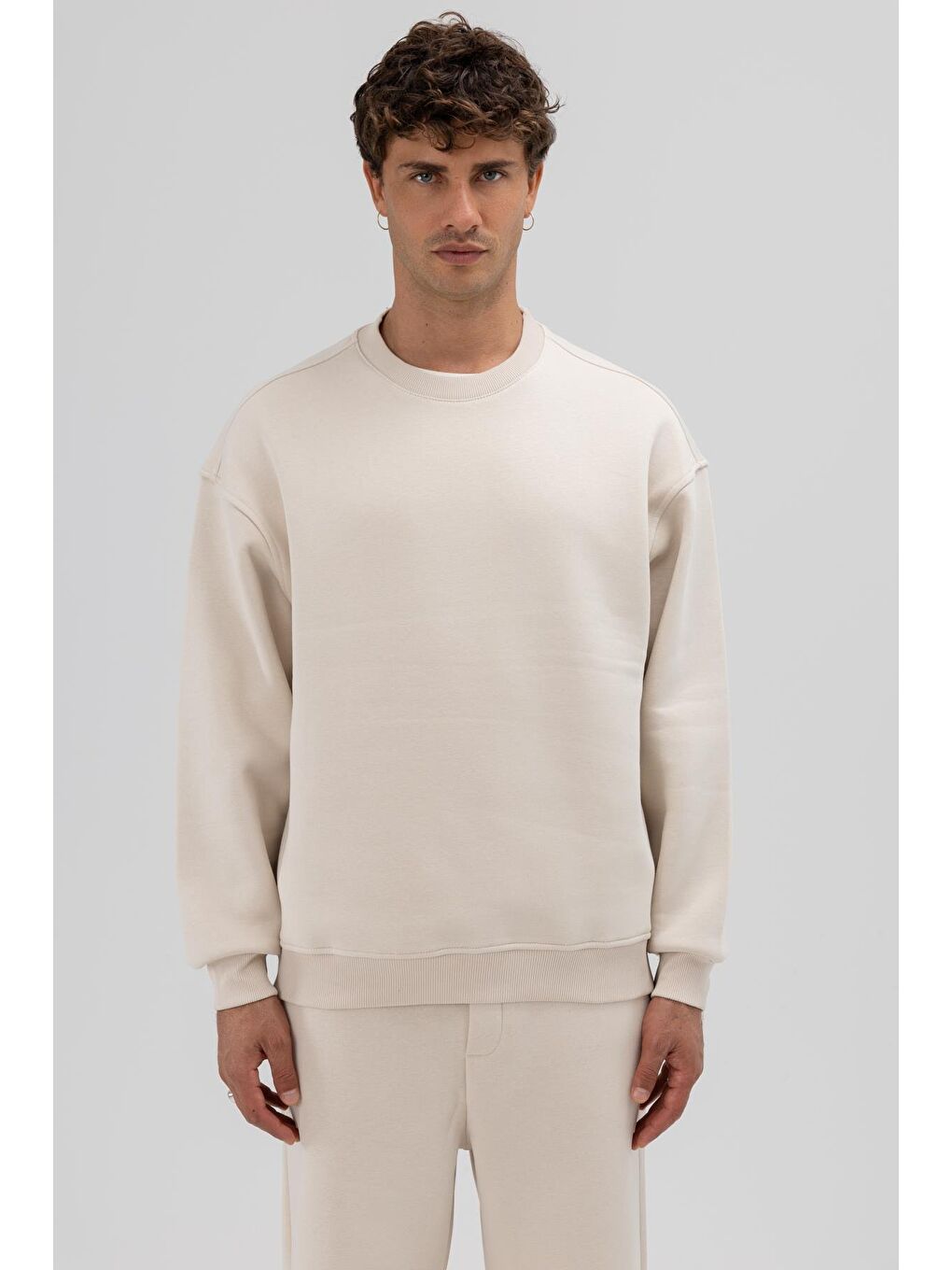 Bej Basic Bisiklet Yaka Oversize Sweatshirt Taş-2
