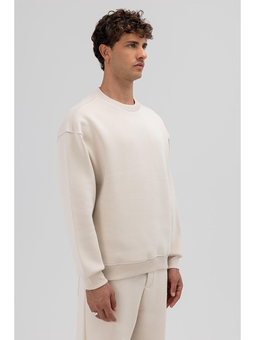 Bej Basic Bisiklet Yaka Oversize Sweatshirt Taş-3