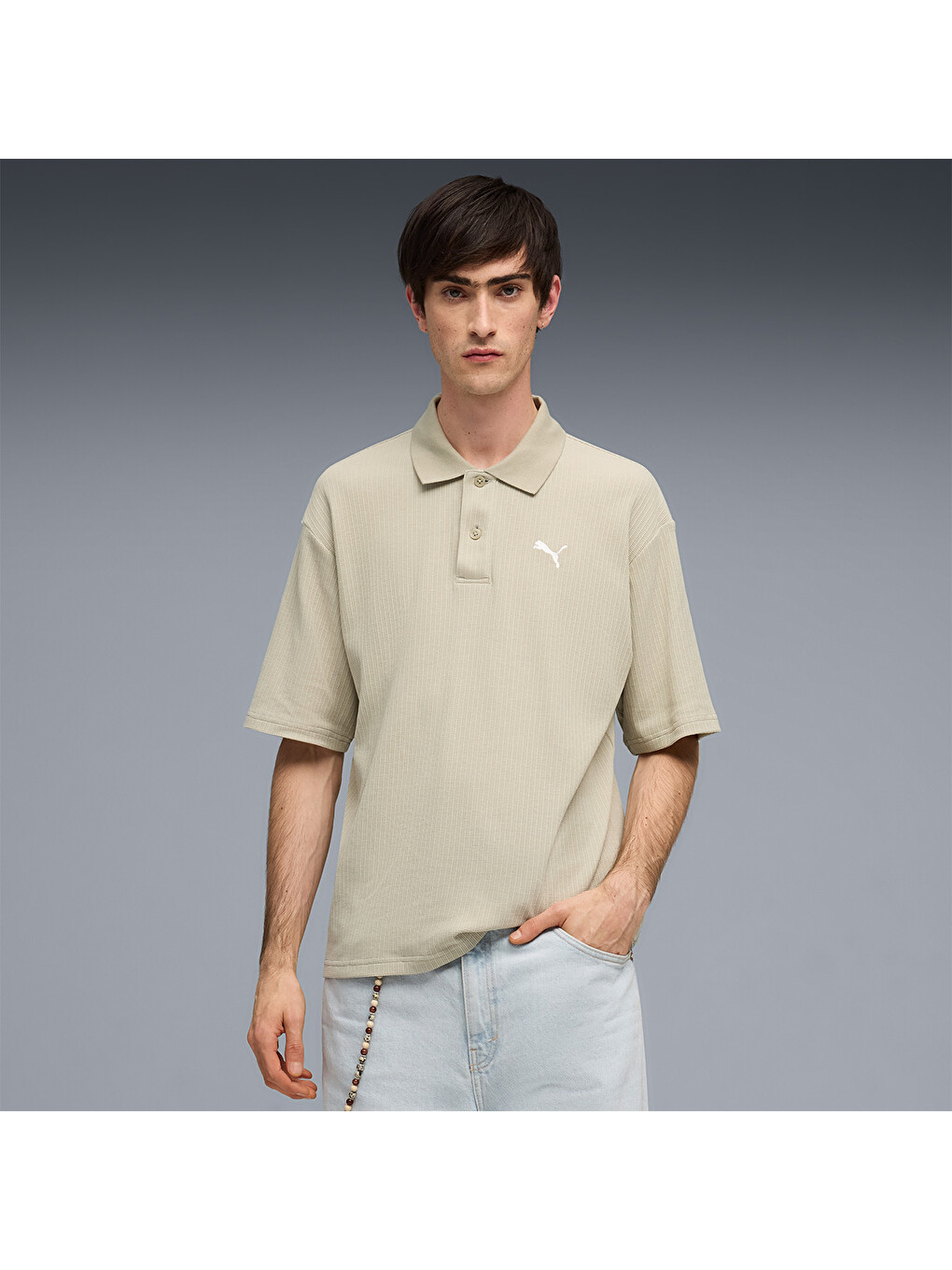 Wardrobe Essentials Boxy Waffle Erkek Bej Polo Yaka Tişort