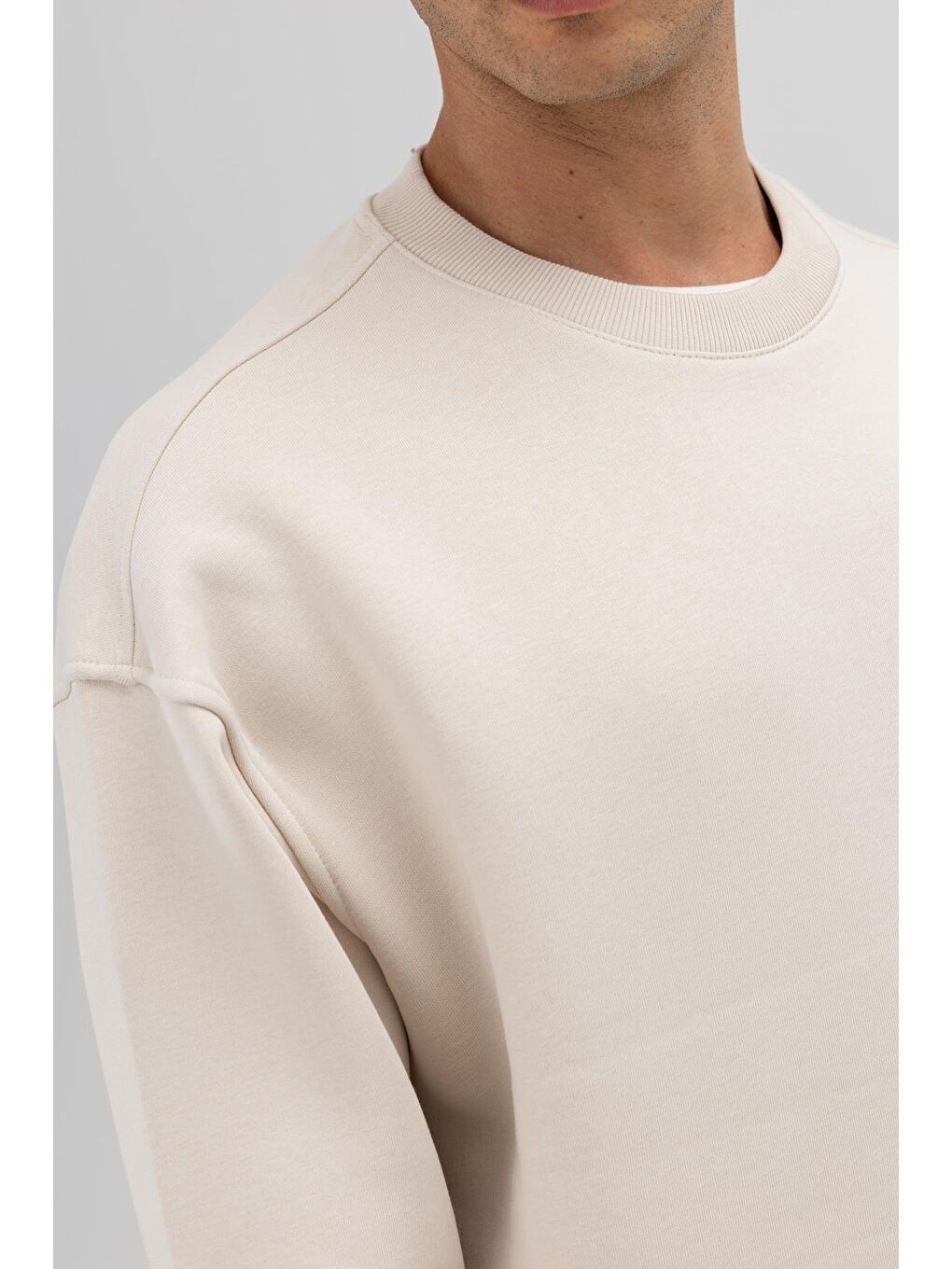 Bej Basic Bisiklet Yaka Oversize Sweatshirt Taş-4