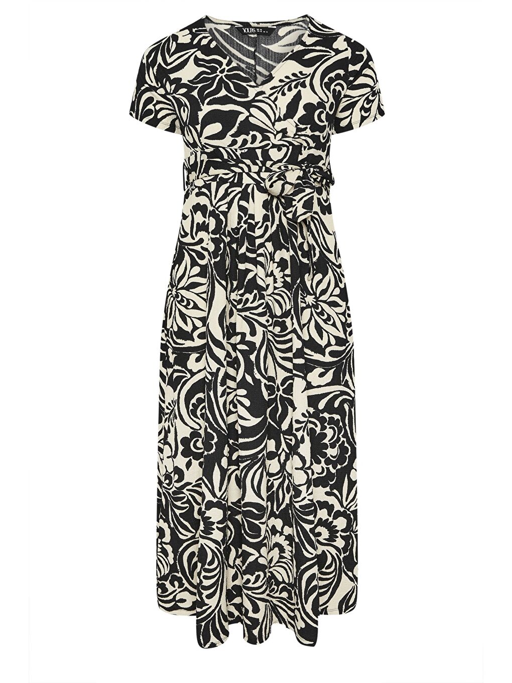 Bej Büyük Beden Kısa Kollu V Yaka Kuşaklı Anvelop Elbise 304073-5