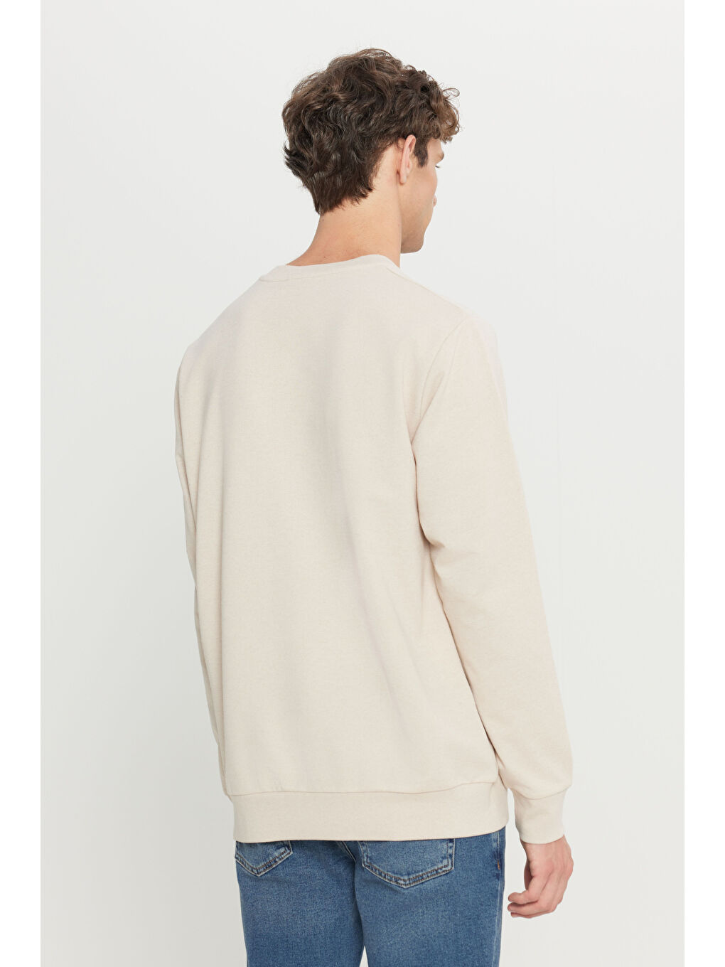 Erkek Bej 2 İplik Pamuklu Standart Fit Normal Kesim Bisiklet Yaka Sweatshirt-4