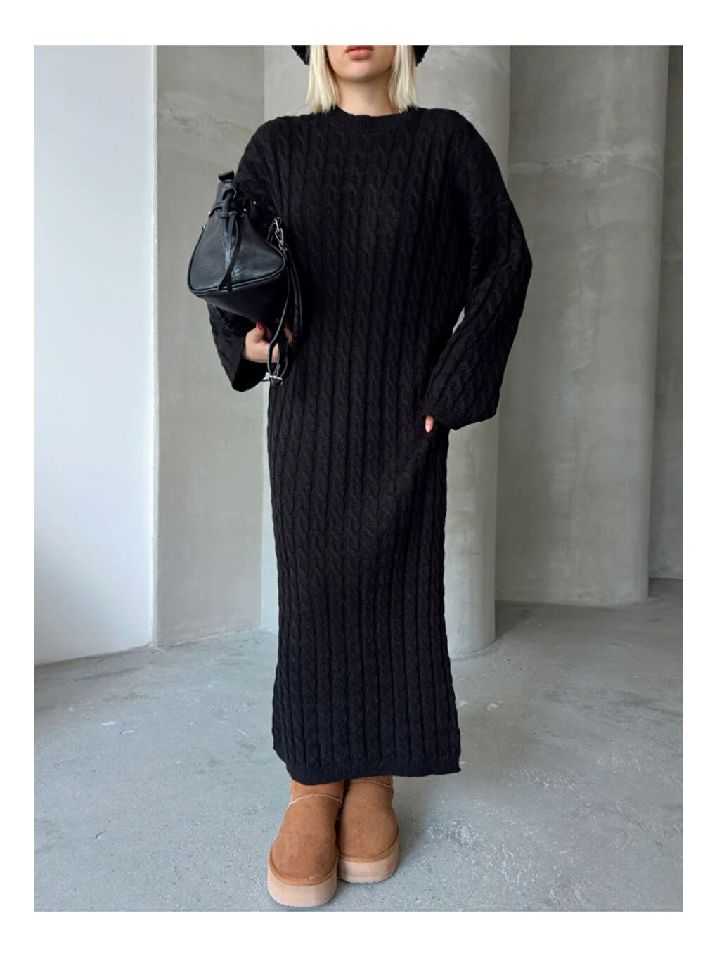 Kadın Siyah Bisiklet Yaka Saç Örgülü Kadın Triko Midi Elbise-4